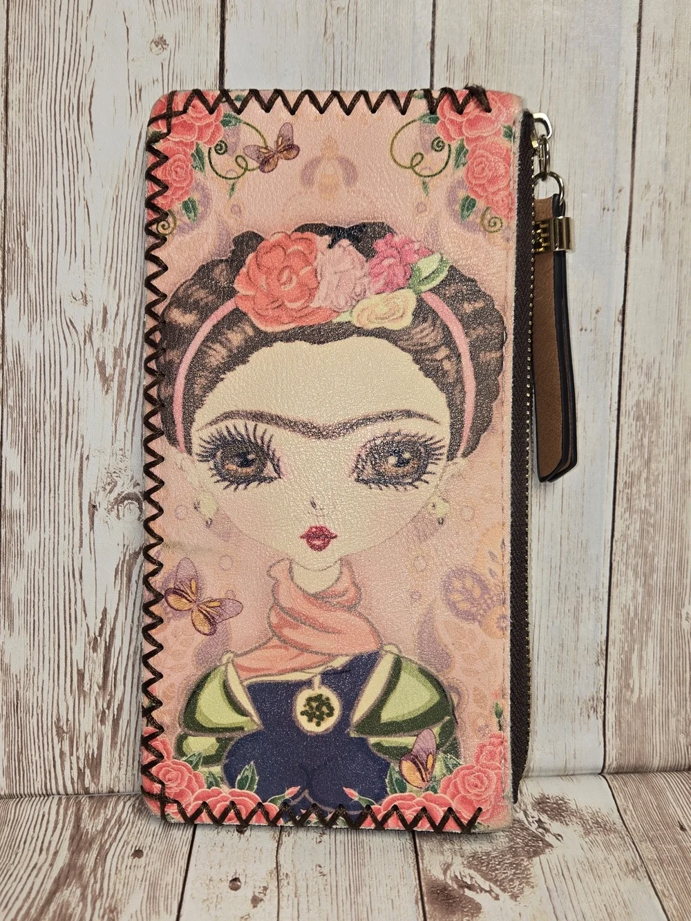 Frida Kahlo Inspired Faux Leather Wristlet Wallet Floral Zip Clutch